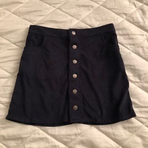 navy blue velvet skirt with dark grey buttons